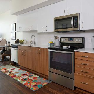A modern kitchen with sleek appliances and mixed wood cabinetry, featuring a colorful rug on the floor.