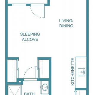 Studio apartment floor plan with living/dining area, sleeping alcove, bath, and kitchenette.