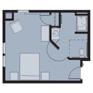 A compact floor plan layout featuring a combined living and sleeping area with a bathroom.