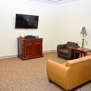 A cozy living room with a sofa, armchair, TV, and a decorative lamp.
