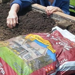 A person preparing soil in a garden bed for planting.
