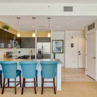 A modern kitchen with teal bar stools and pendant lighting.
