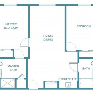 A blueprint of a two-bedroom apartment layout featuring a master bedroom, secondary bedroom, living/dining area, and two bathrooms.