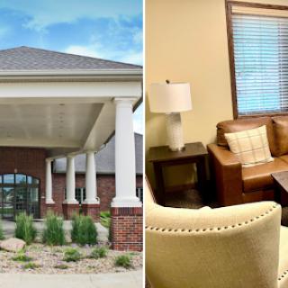 A welcoming entrance and a cozy interior lounging area.