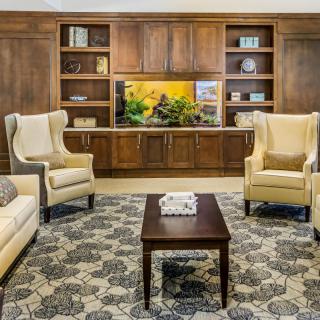 A cozy living room with elegant furniture, an aquarium at the center of built-in bookshelves, and a patterned rug.