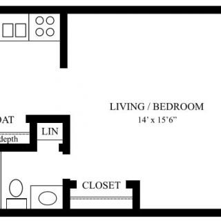 A floor plan of a studio apartment featuring a combined living and bedroom area, kitchen, bathroom, and closet.