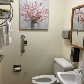 A well-equipped bathroom featuring a floral artwork, functional amenities, and accessibility features.