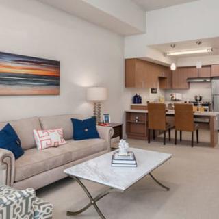 A modern open-plan living room with a stylish kitchen and dining area, featuring contemporary furniture and artwork.
