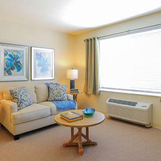 A cozy living room with a sofa, coffee table, artwork on the wall, and a large window.