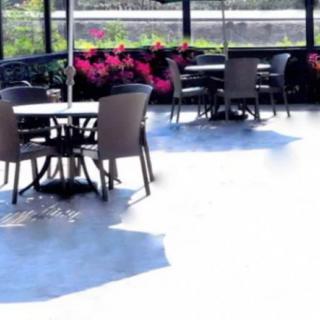 A sunlit patio with tables and chairs surrounded by vibrant flowers.