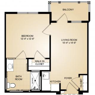A floor plan showcasing a one-bedroom apartment with a living room, kitchen, bathroom, walk-in closet, and balcony.