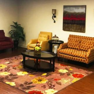 A cozy living room featuring a patterned sofa, armchairs, a coffee table with floral centerpiece, and decorative elements including a rug, wall art, and an indoor plant.