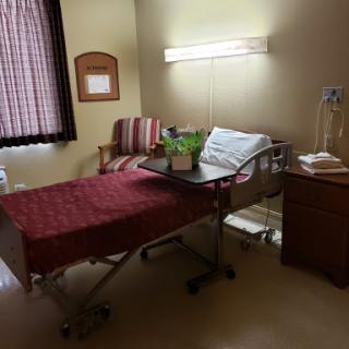 A well-equipped patient room featuring a hospital bed, seating area, and a small plant for a touch of comfort.