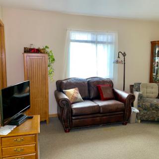 A cozy living room featuring a leather sofa, television, and natural light from a window.
