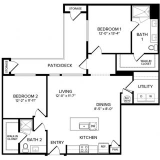 A detailed floor plan of a two-bedroom, two-bathroom apartment with labeled rooms including kitchen, dining area, living room, and utility space.