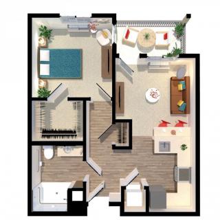 A 3D rendered floor plan of a one-bedroom apartment, featuring a living room, kitchen, bathroom, dining area, and balcony.