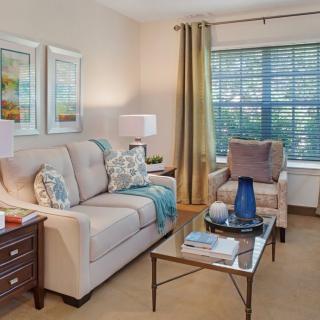 A cozy living room with a sofa, armchair, and a coffee table adorned with decorative items.