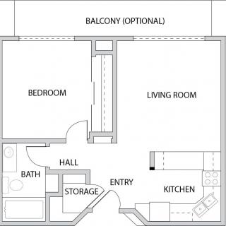 A simple floor plan showing an apartment layout with a living room, bedroom, kitchen, bathroom, entryway, and storage area.