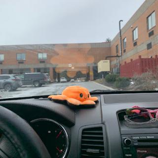 Inside a car with an orange toy on the dashboard, looking out at a building on a cloudy day.