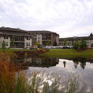 A modern building surrounded by nature, with a pond reflecting the sky and architecture.