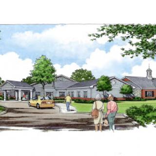 A picturesque rendering of a community building surrounded by greenery and people enjoying the outdoors.