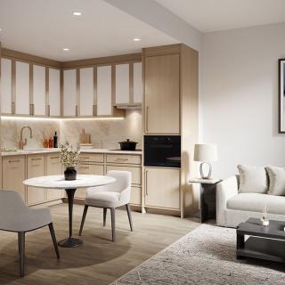 A modern, minimalist apartment featuring an open-plan kitchen and living area.