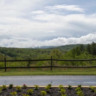 A scenic view of a lush green landscape with a wooden fence and cloudy sky.