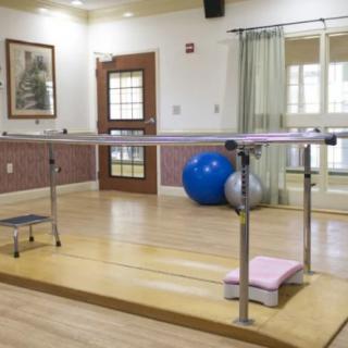 A rehabilitation room equipped with parallel bars and exercise balls for physical therapy.