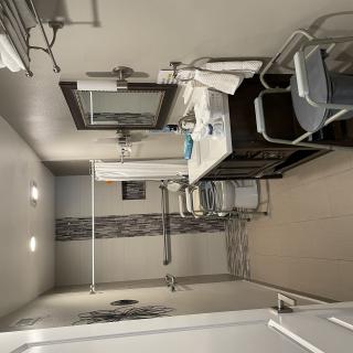 An accessible bathroom with a walk-in shower and modern amenities.