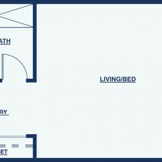 A simple floor plan of a studio apartment showing areas for living/bed, bath, and closet.