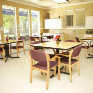 A well-lit dining room with multiple tables and chairs, featuring large windows and a small flower arrangement on a table.