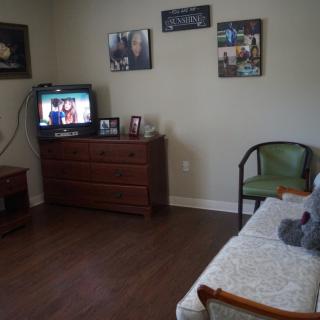 A cozy living room with a television, dresser, and wall art.
