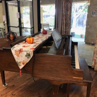 A grand piano decorated with an autumn-themed table runner and pumpkins in a cozy indoor setting.