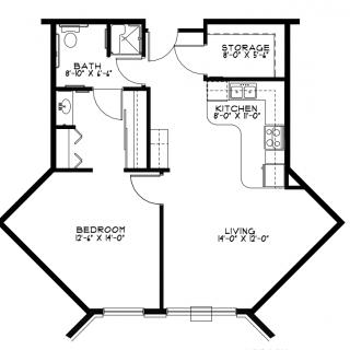 A floor plan of a one-bedroom apartment with labeled living room, kitchen, and bathroom areas.