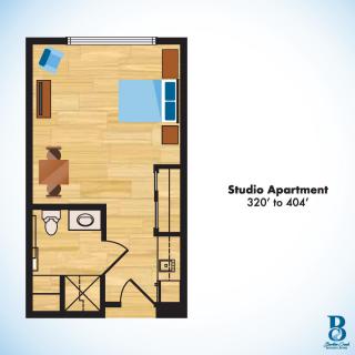 Studio apartment floor plan with dimensions ranging from 307 to 456 square feet.