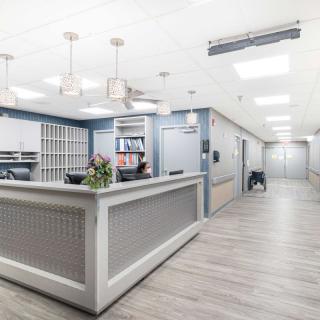 A modern reception desk area with a hallway leading to offices.