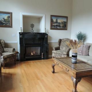 A cozy living room featuring a fireplace, surrounded by comfortable seating and elegant decor.