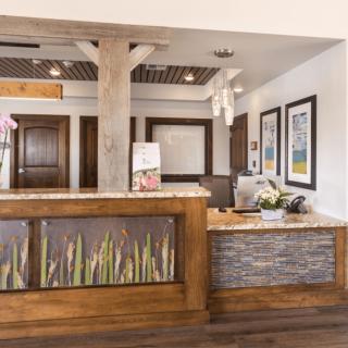 Modern hotel reception area with stylish decor and a welcoming desk.