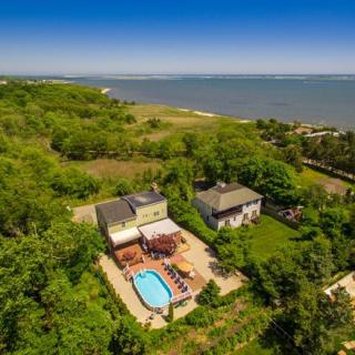 Aerial view of two houses with a swimming pool, surrounded by lush greenery and overlooking the coastline.