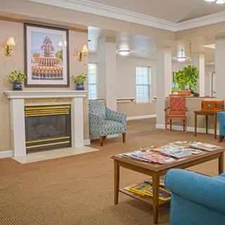 A cozy living room interior featuring a fireplace, comfortable seating, and decorative plants.