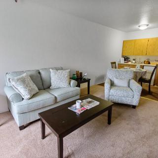 A cozy living room with a sofa, armchair, and coffee table, seamlessly connected to a kitchen area.
