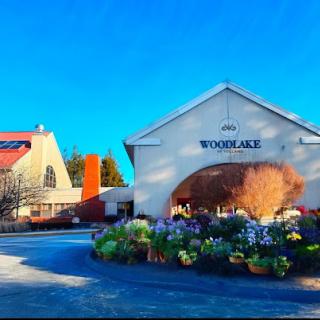 A sunny day at Woodlake, showcasing vibrant flowers and lovely architecture.