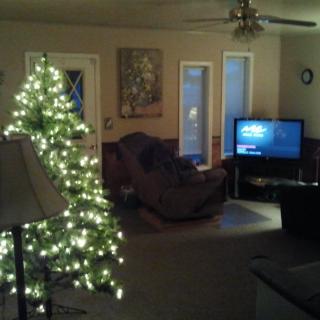 A cozy living room with a lit Christmas tree, armchair, and television.