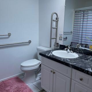 A modern bathroom with a marble countertop, featuring grab bars and a pink rug.
