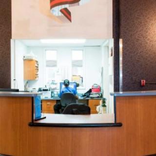 A reception desk area within an office setting.