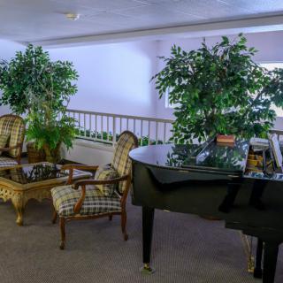 A cozy lobby area featuring a grand piano, elegant chairs, and lush indoor plants.