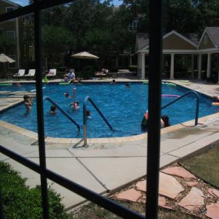 A group of people enjoying a swim in an outdoor pool on a sunny day.