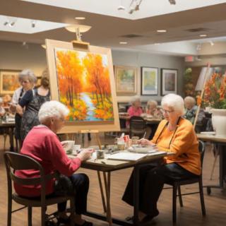 A group of seniors engaged in a painting session at an indoor art class.