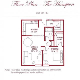 Floor plan for 'The Hampton,' a one-bedroom apartment with an area of 750 square feet.