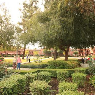 A tranquil park setting with trees and bushes, where people are enjoying a walk along the pathway.